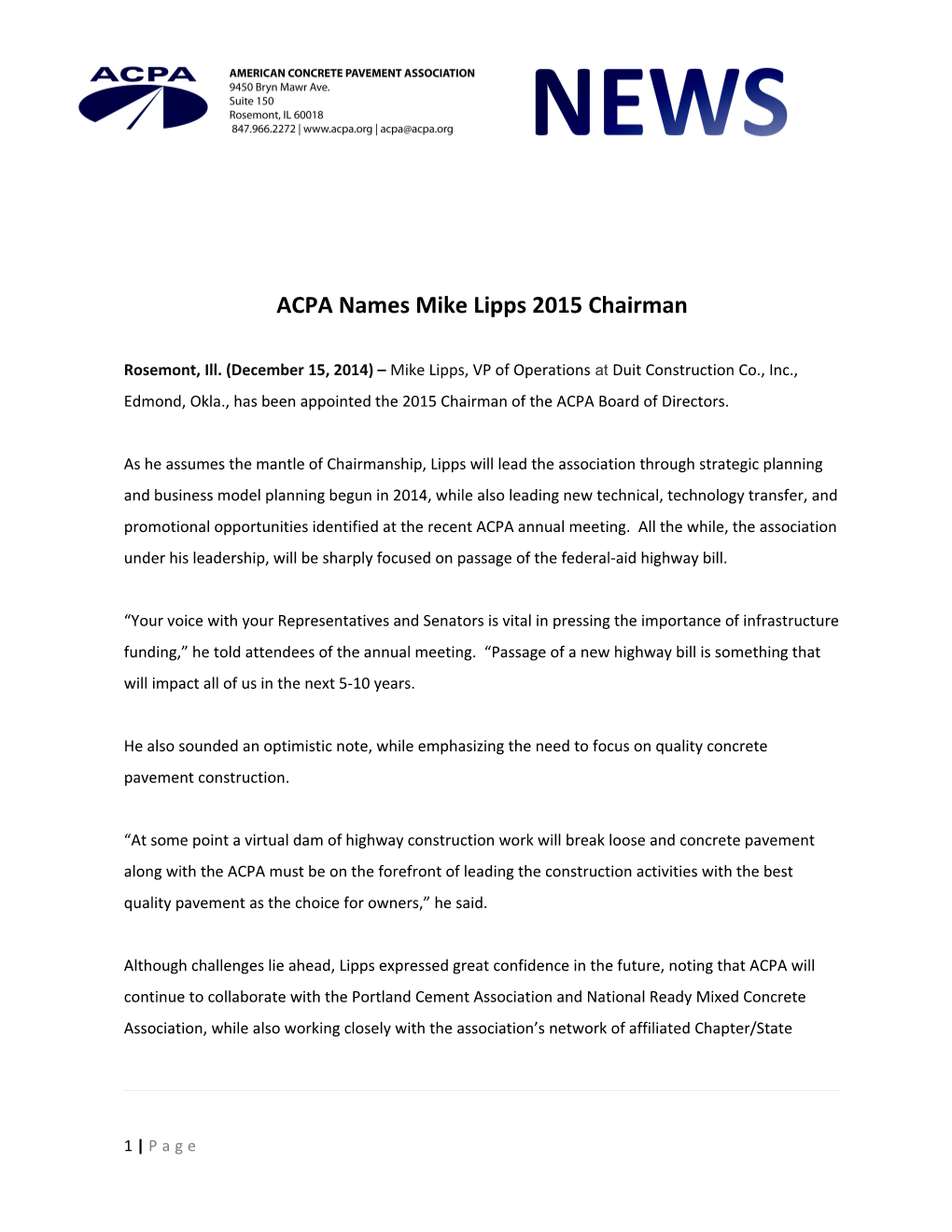 ACPA Names Mike Lipps 2015 Chairman