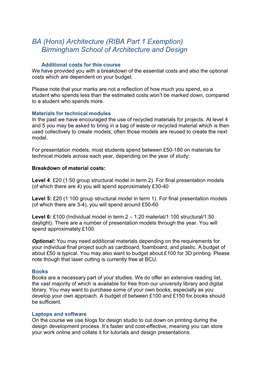 BA (Hons) Architecture (RIBA Part 1 Exemption) Birmingham School of Architecture And