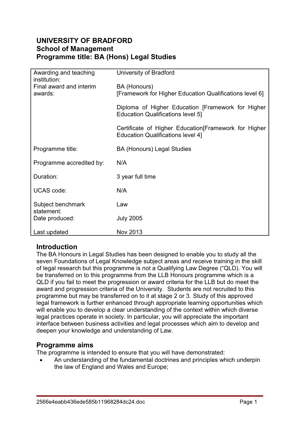 UNIVERSITY of BRADFORD School of Management Programme Title: BA (Hons) Legal Studies