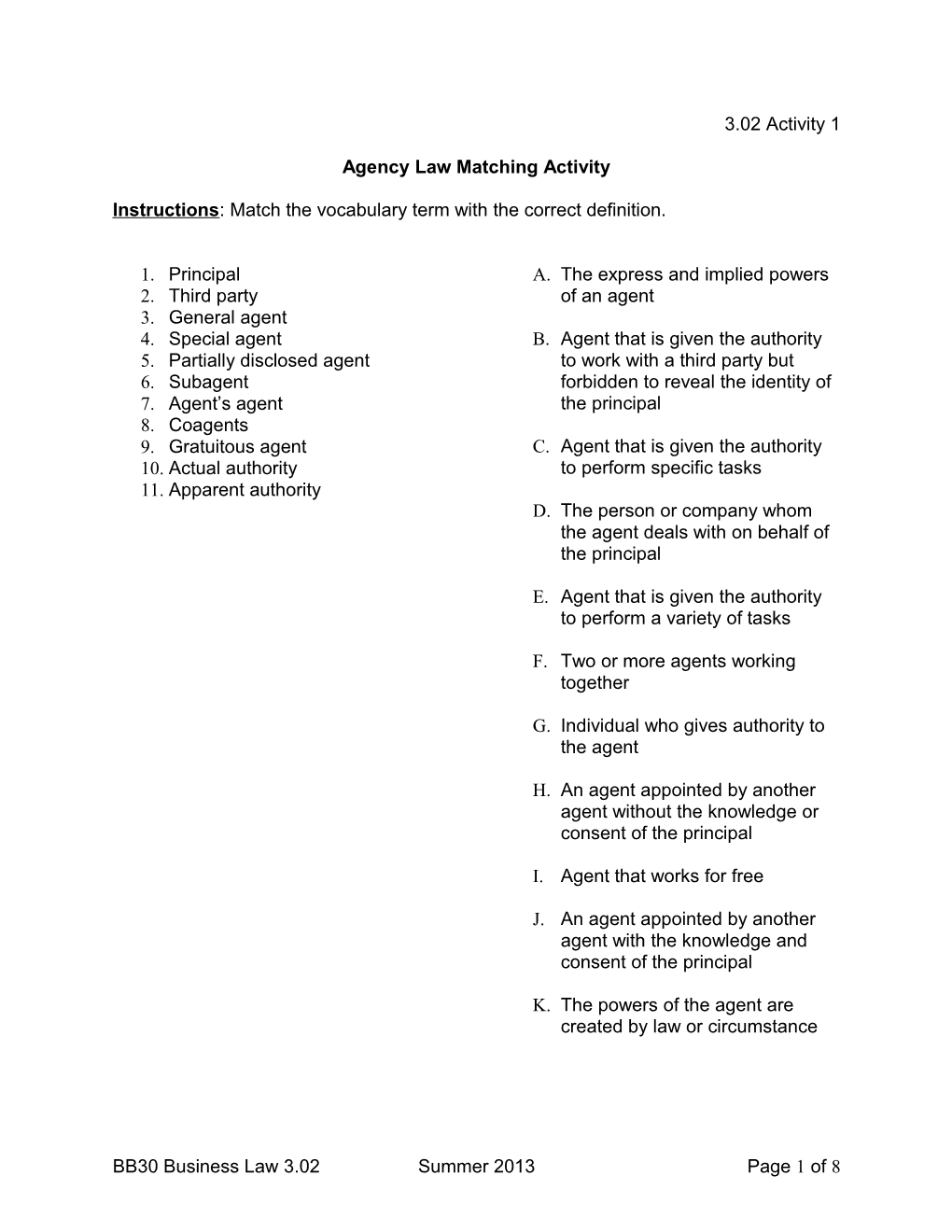 Agency Law Matching Activity