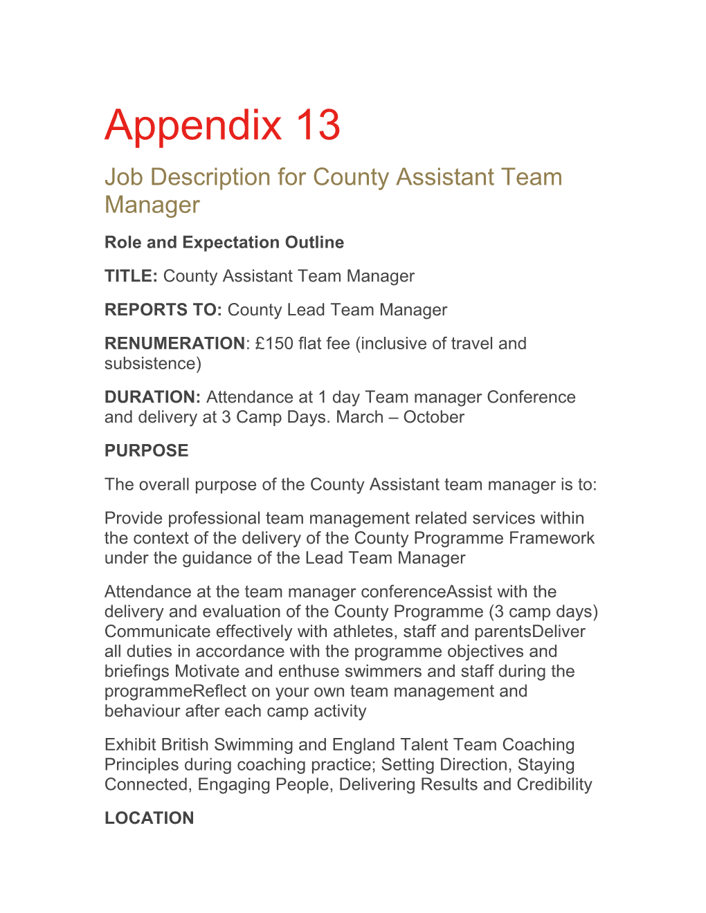 Job Description for County Assistant Team Manager