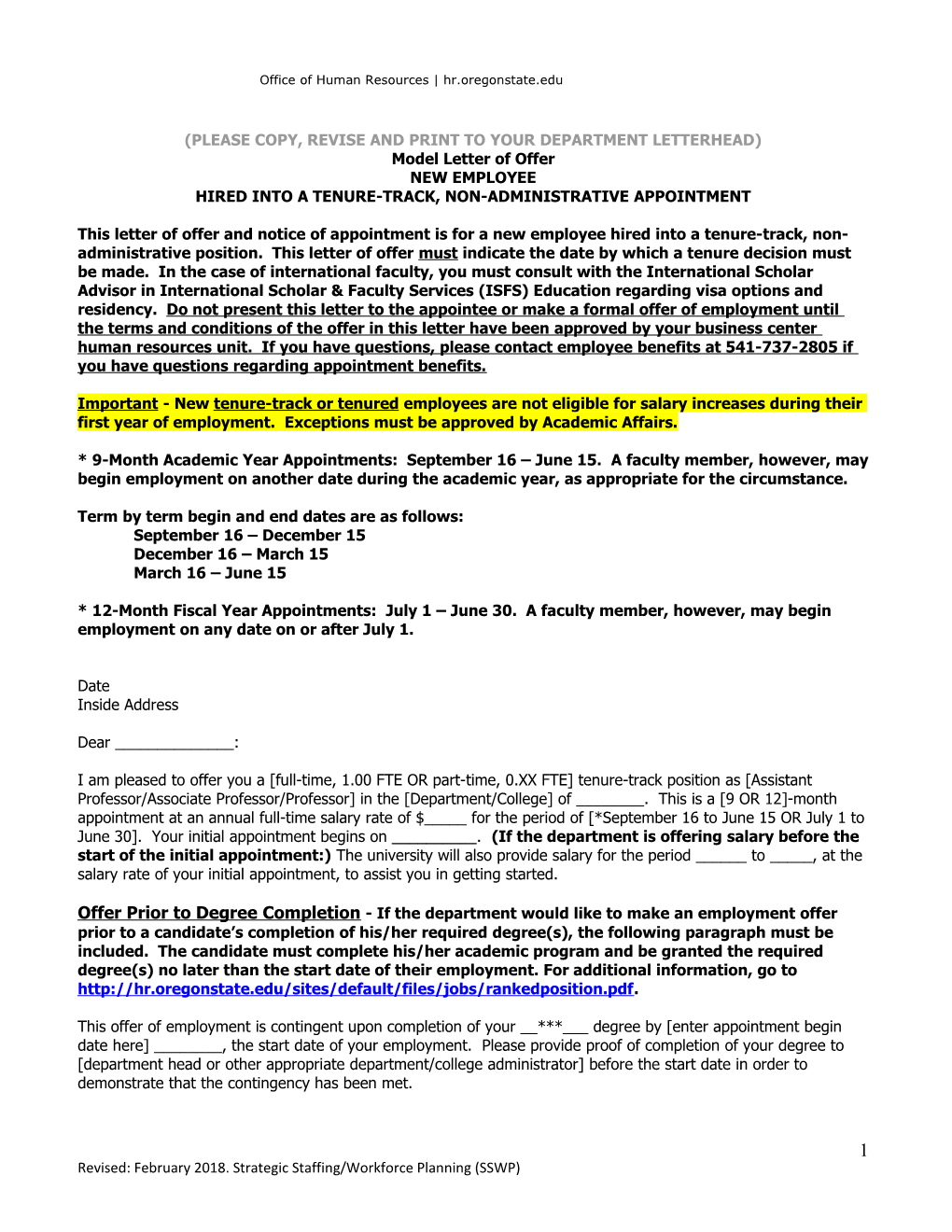 Sample Offer Letter NEW EMPLOYEE (Tenure-Track, Non-Administrative Faculty)