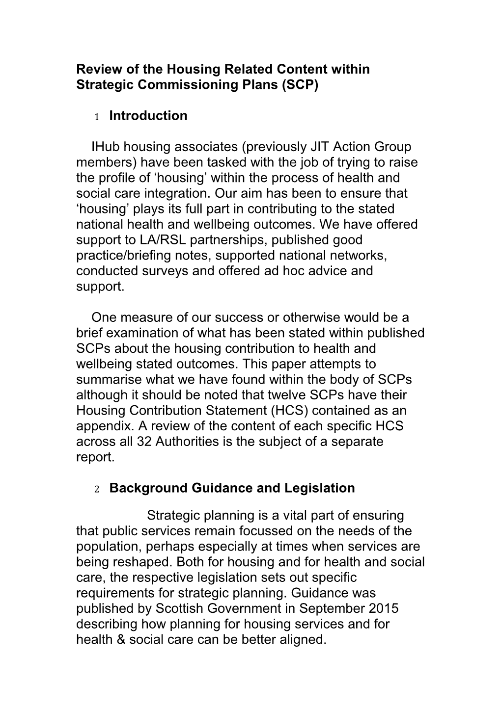 Review of the Housing Related Content Within Strategic Commissioning Plans (SCP)