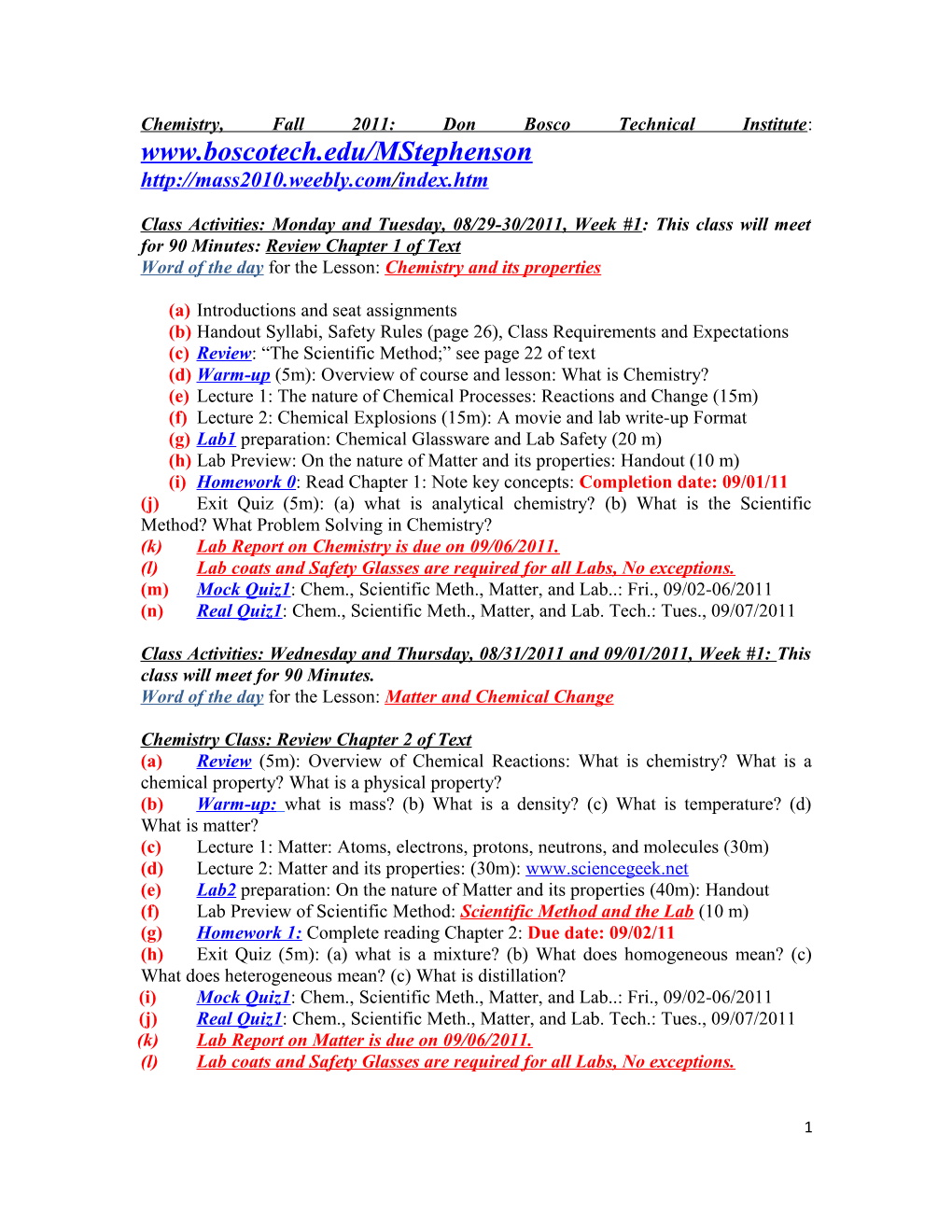 Chemistry, Fall 2011: Don Bosco Technical Institute