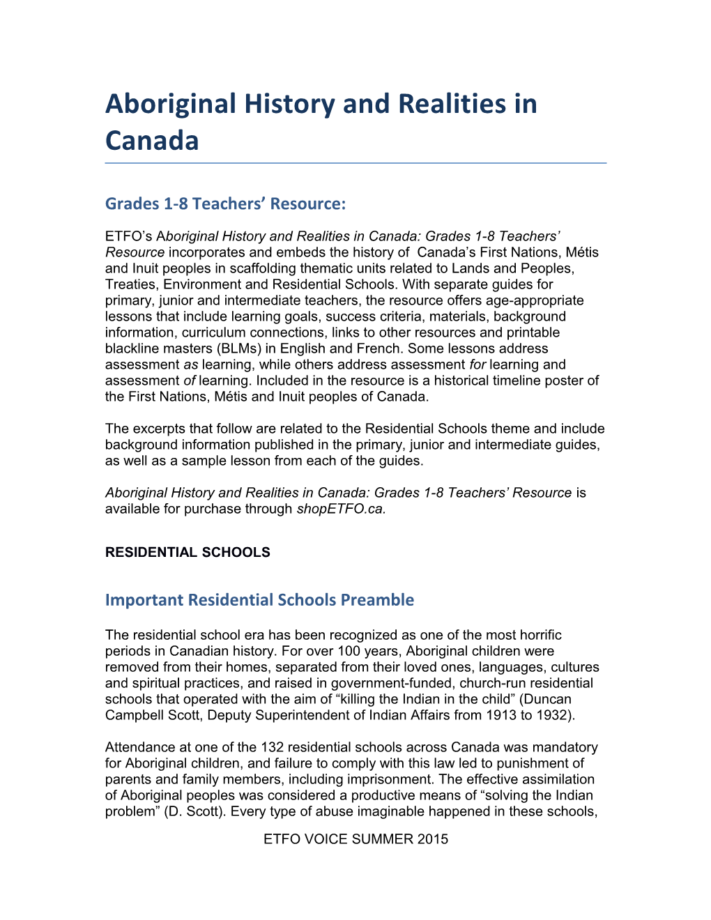 Aboriginal History and Realities in Canada