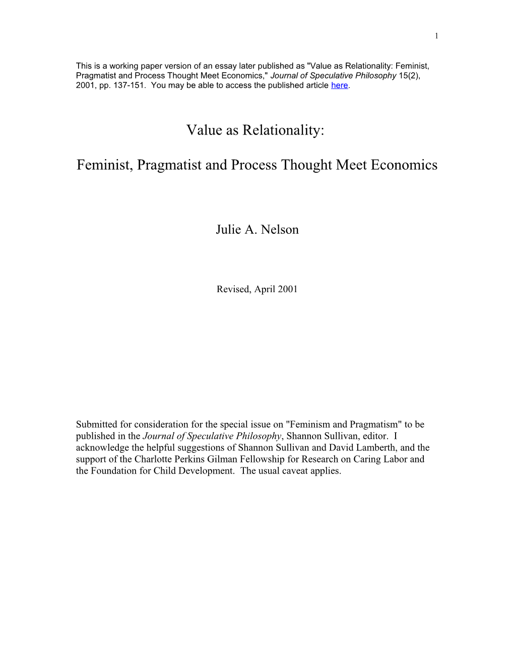 Value As Relationality in Feminist and Pragmatist Thought