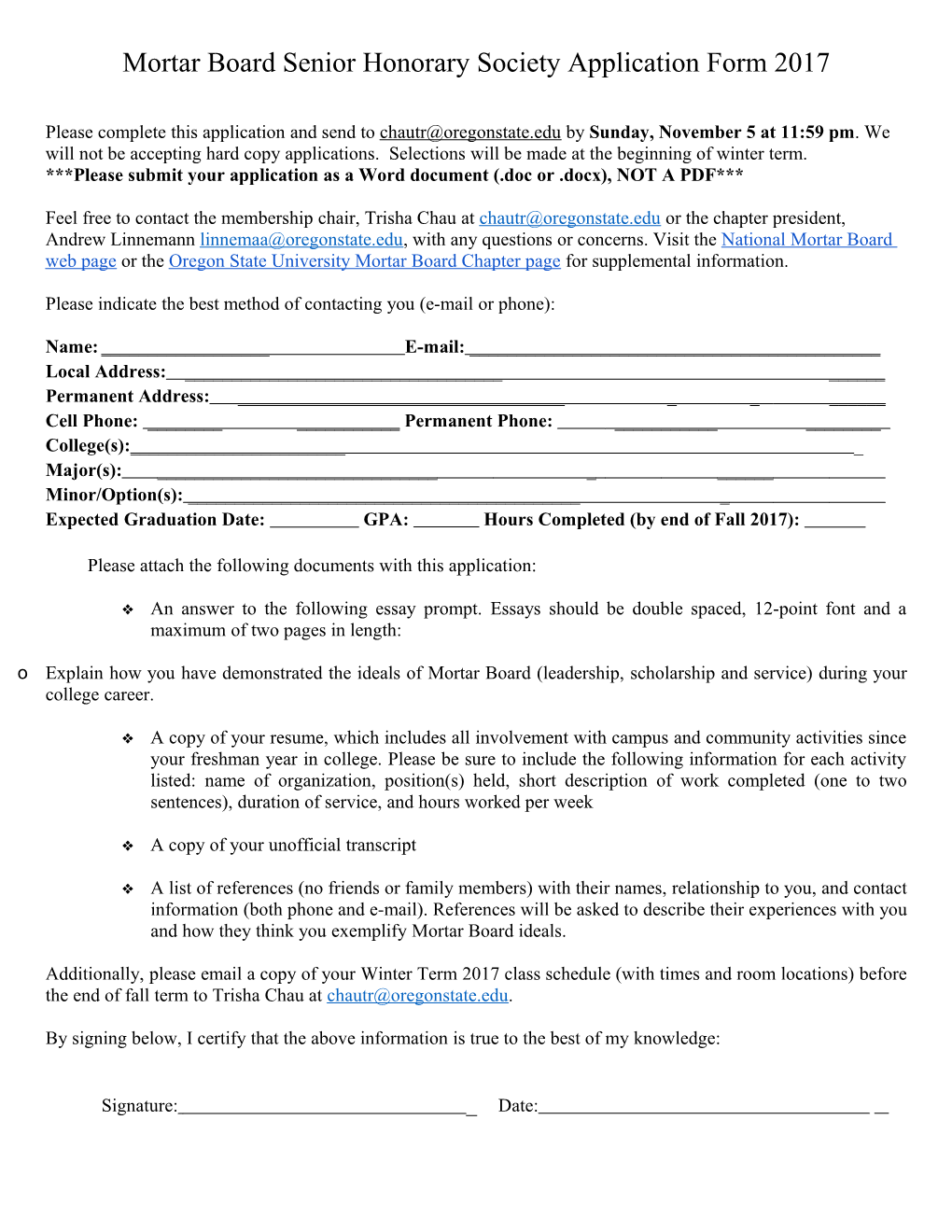 Mortar Board Senior Honorary Society Application Form 2017