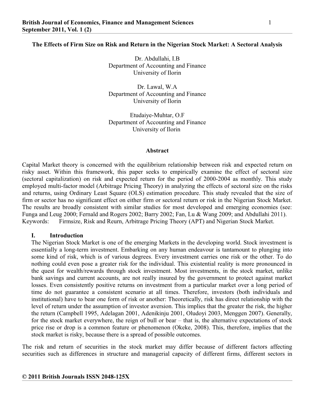 The Effects of Firmsize on Risk and Return in the Nigerian Stock Market: a Sectoral Analysis