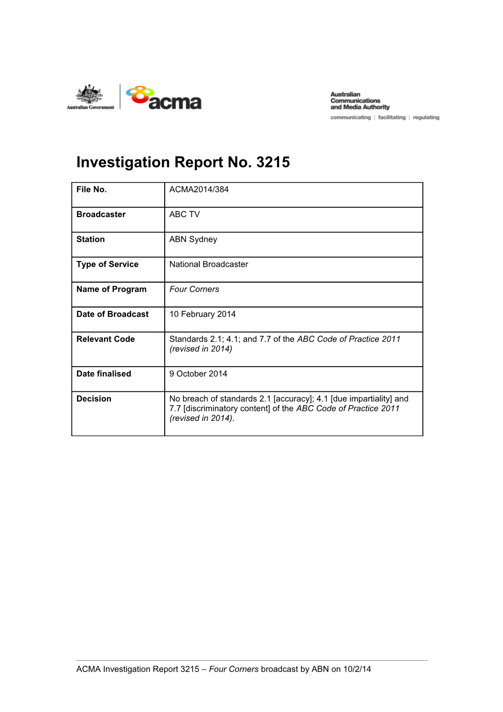 Investigation Report No. 3215