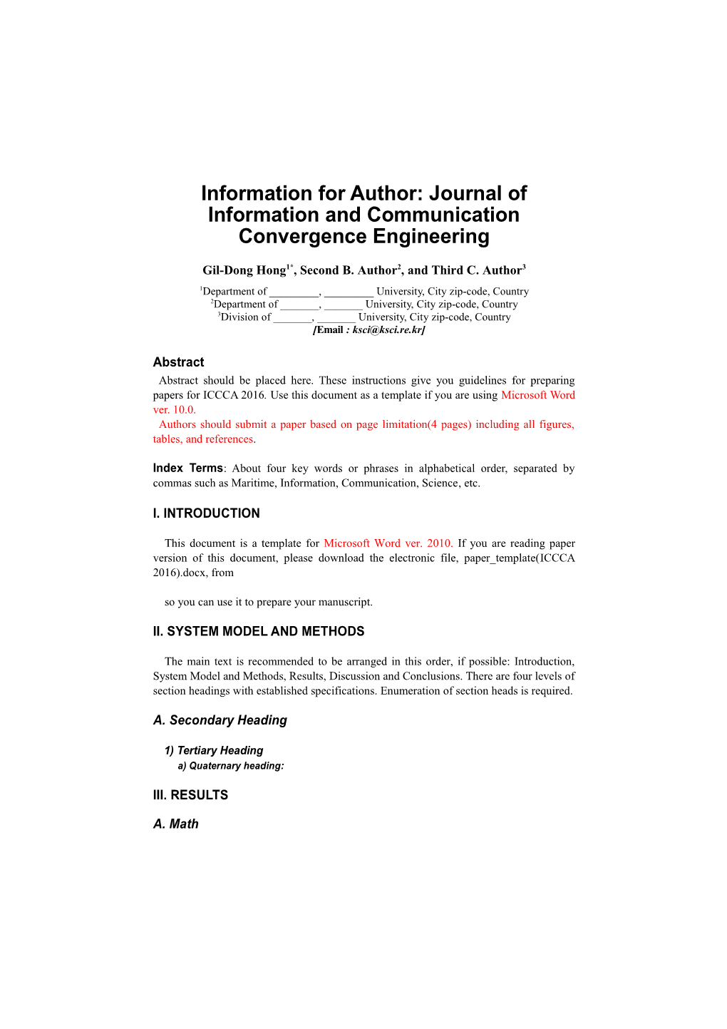 Information for Author: Journal of Information and Communication Convergence Engineering