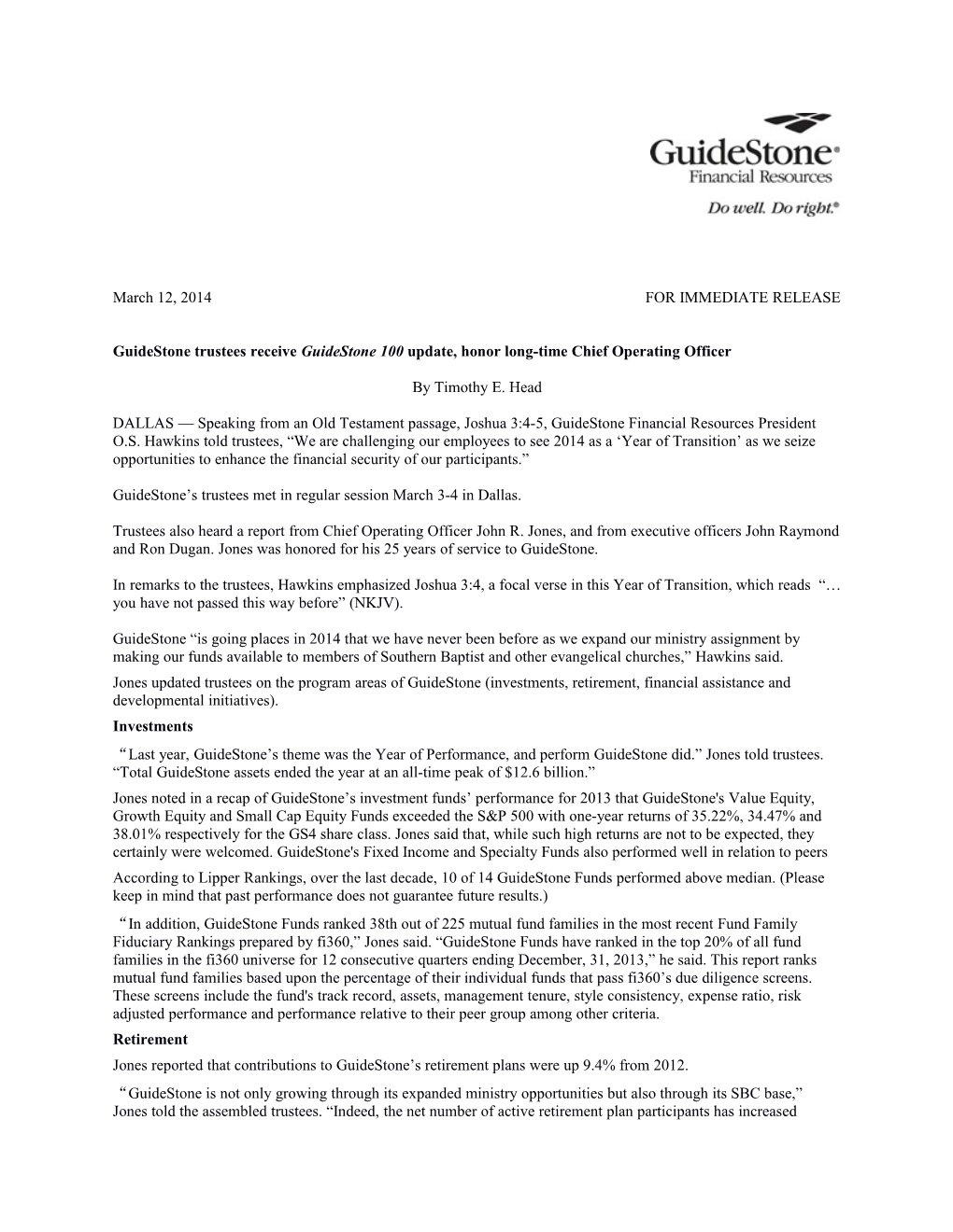 Guidestone Trustees Receive Guidestone 100 Update, Honor Long-Time Chief Operating Officer