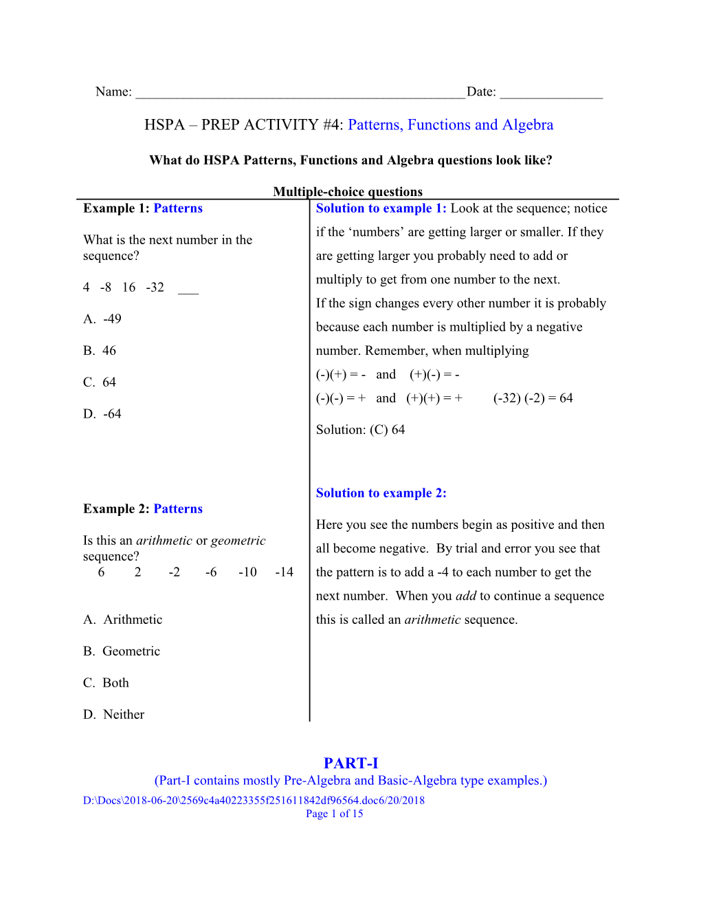 HSPA PREP ACTIVITY #4: Patterns, Functions and Algebra