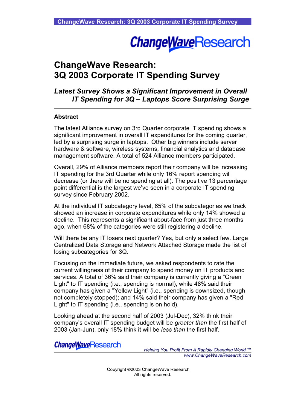 Changewave Research: 3Q 2003 Corporate IT Spending Survey