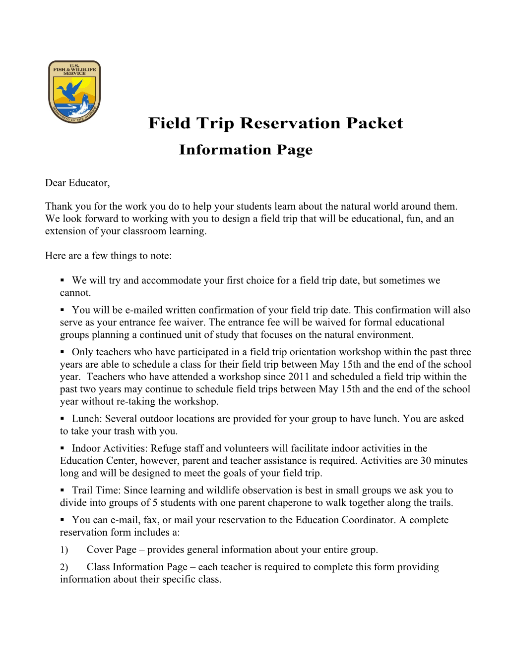 Field Trip Reservation Packet Information Page