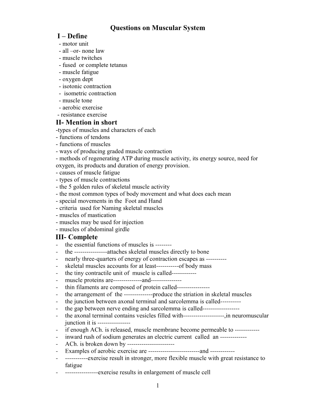 Questions on Muscular System