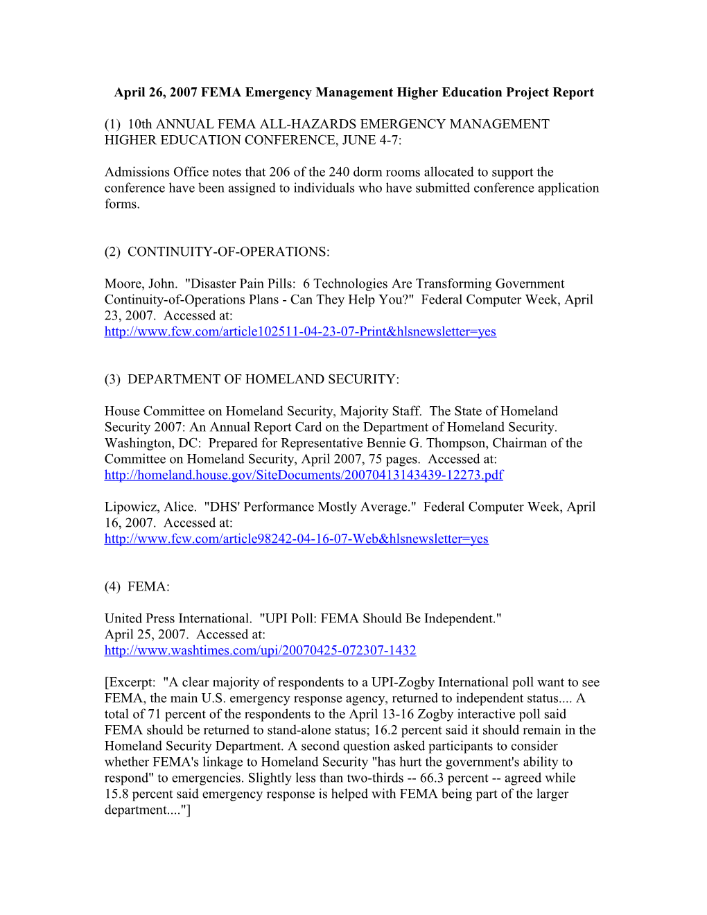April 26, 2007 FEMA Emergency Management Higher Education Project Report