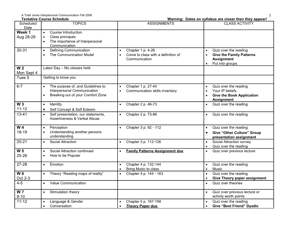 Tentative Course Schedule