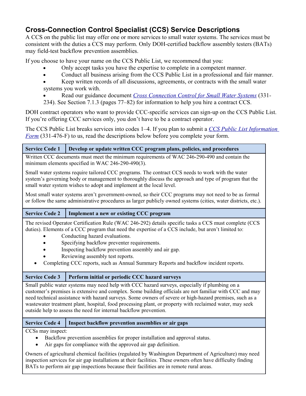 Cross-Connection Control Specialist (CCS) Service Descriptions