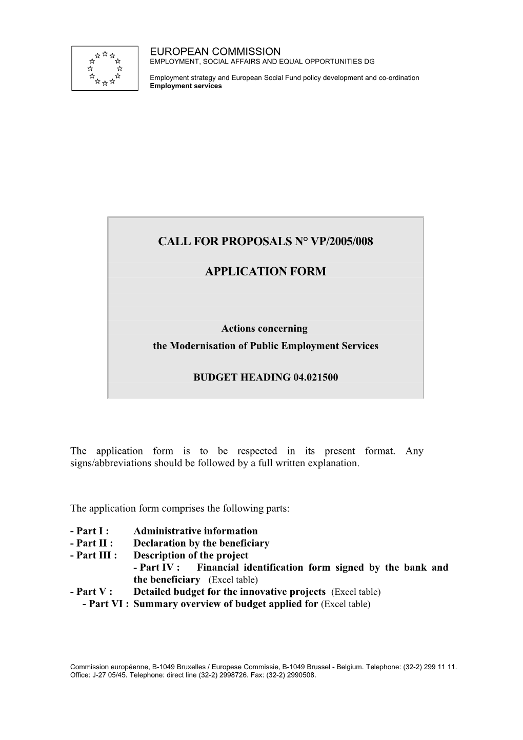 Call for Proposals N Vp/2005/008