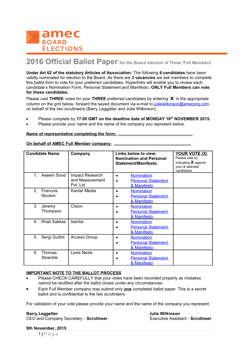 2016 Official Ballot Paper for the Board Election of Three Full Members