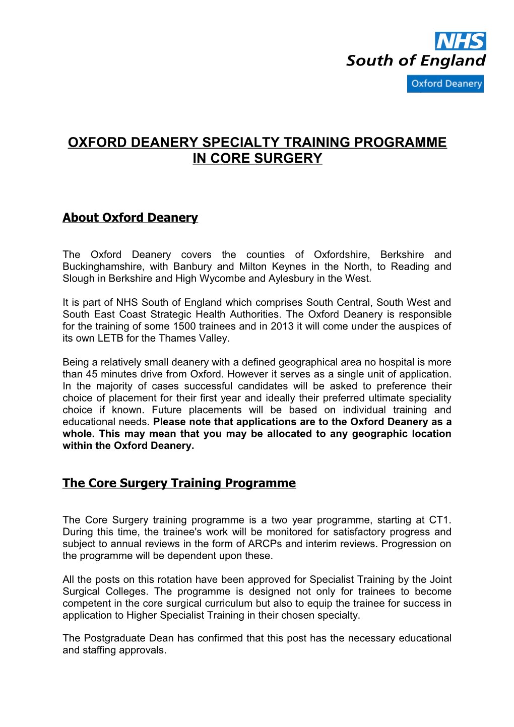 Oxford Deanery Specialty Training Programme in Core Surgery
