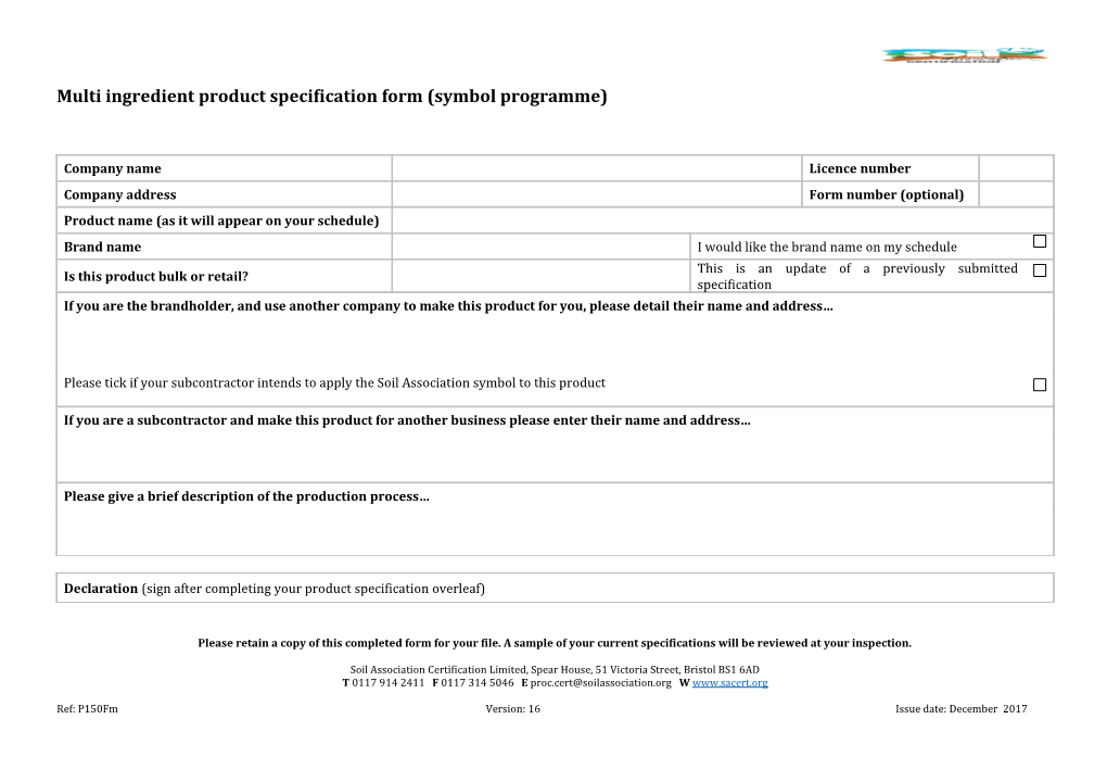 Multi Ingredient Product Specification Form (Symbol Programme)
