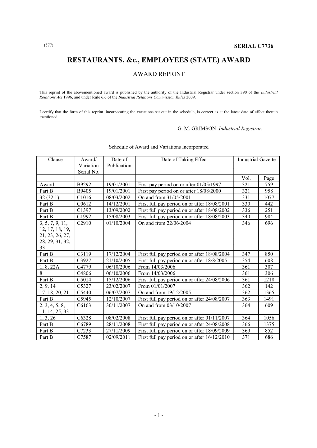 RESTAURANTS, &C., EMPLOYEES (STATE) AWARD