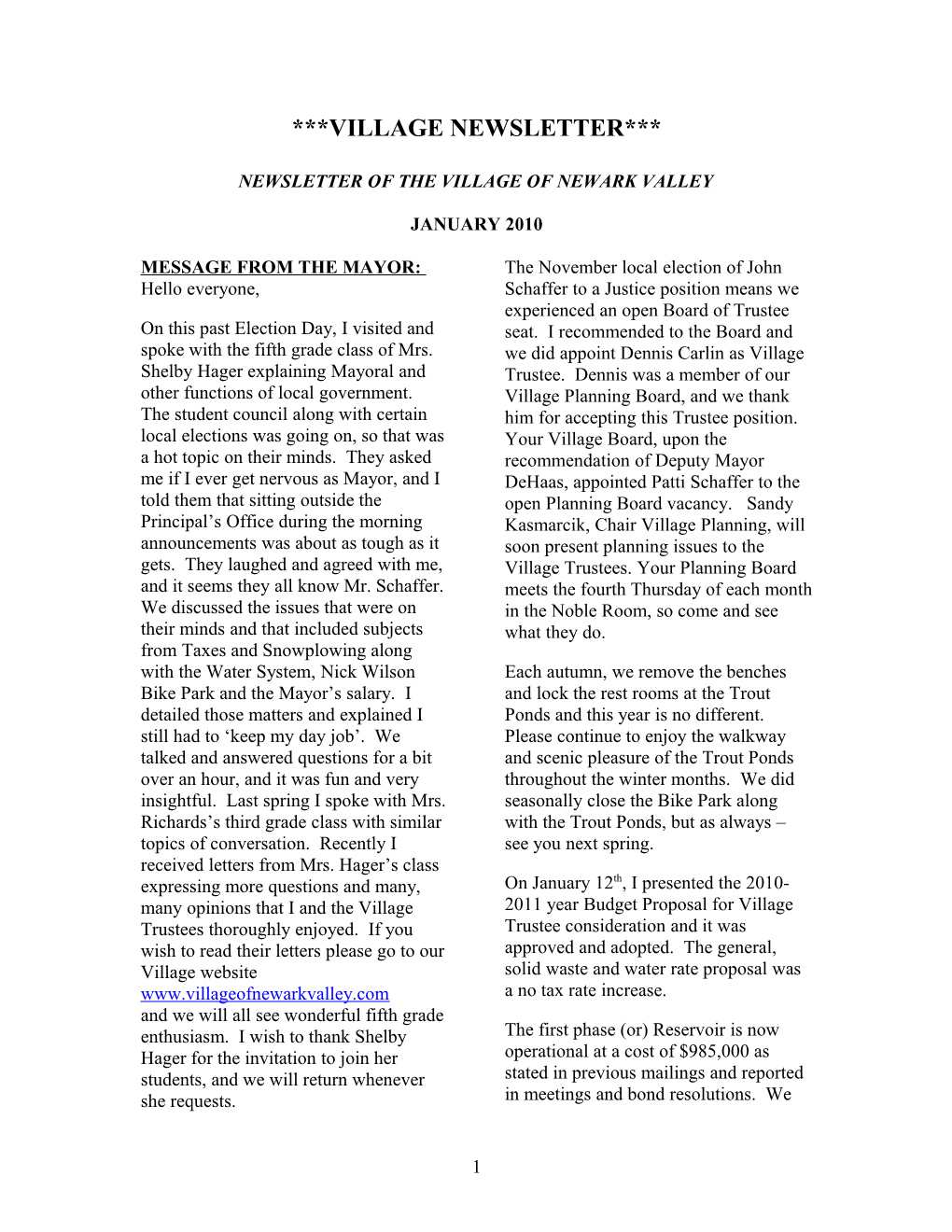 Newsletter of the Village of Newark Valley