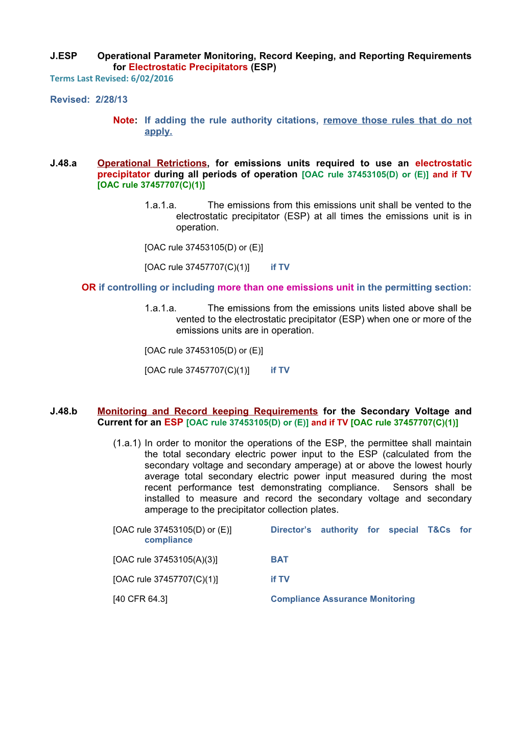 J.ESP Operational Parameter Monitoring, Record Keeping, and Reporting Requirements For