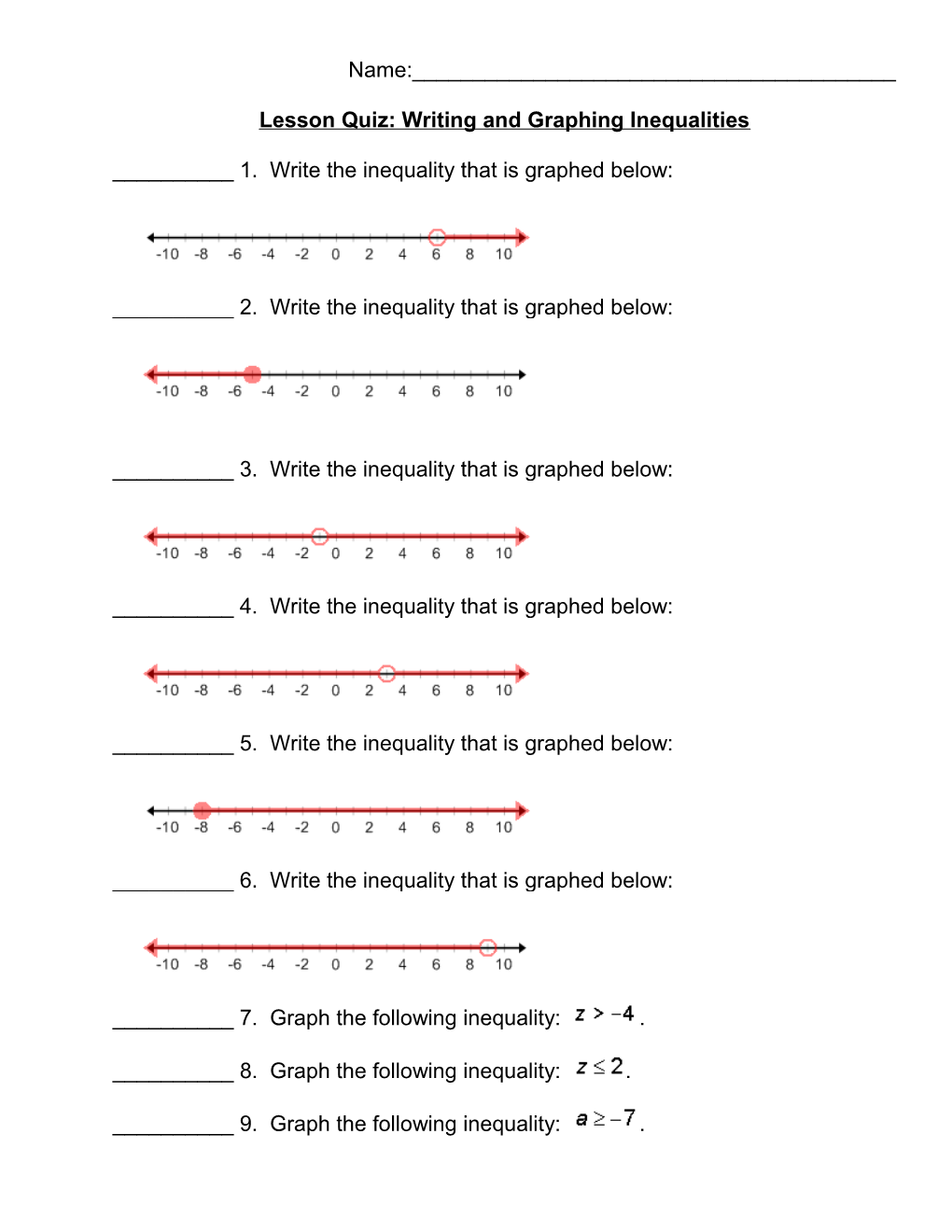 Lesson Quiz: Writing and Graphing Inequalities