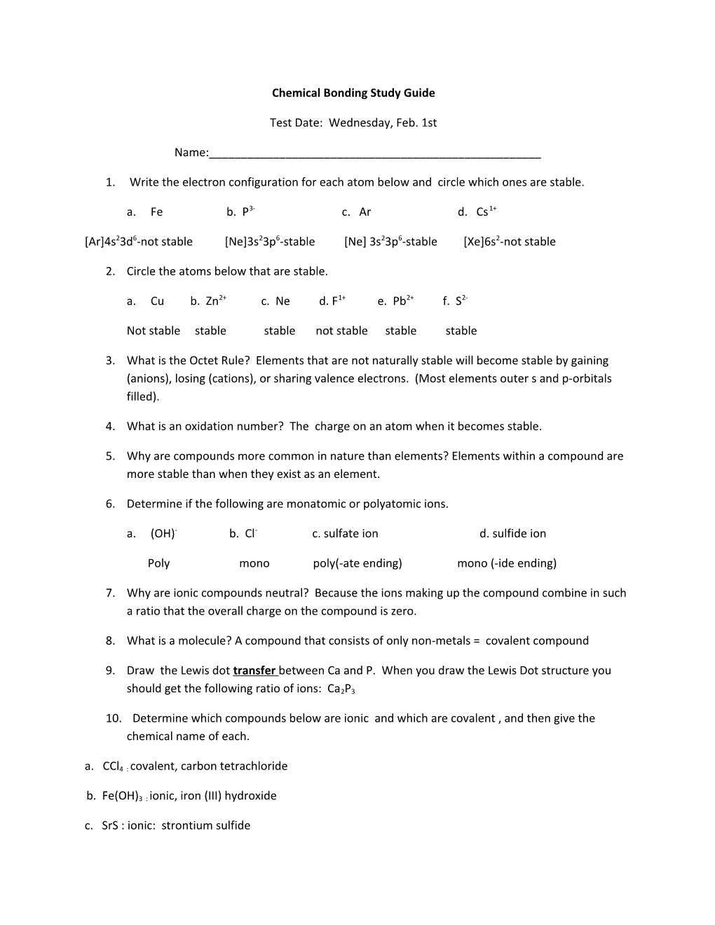 Chemical Bonding Study Guide