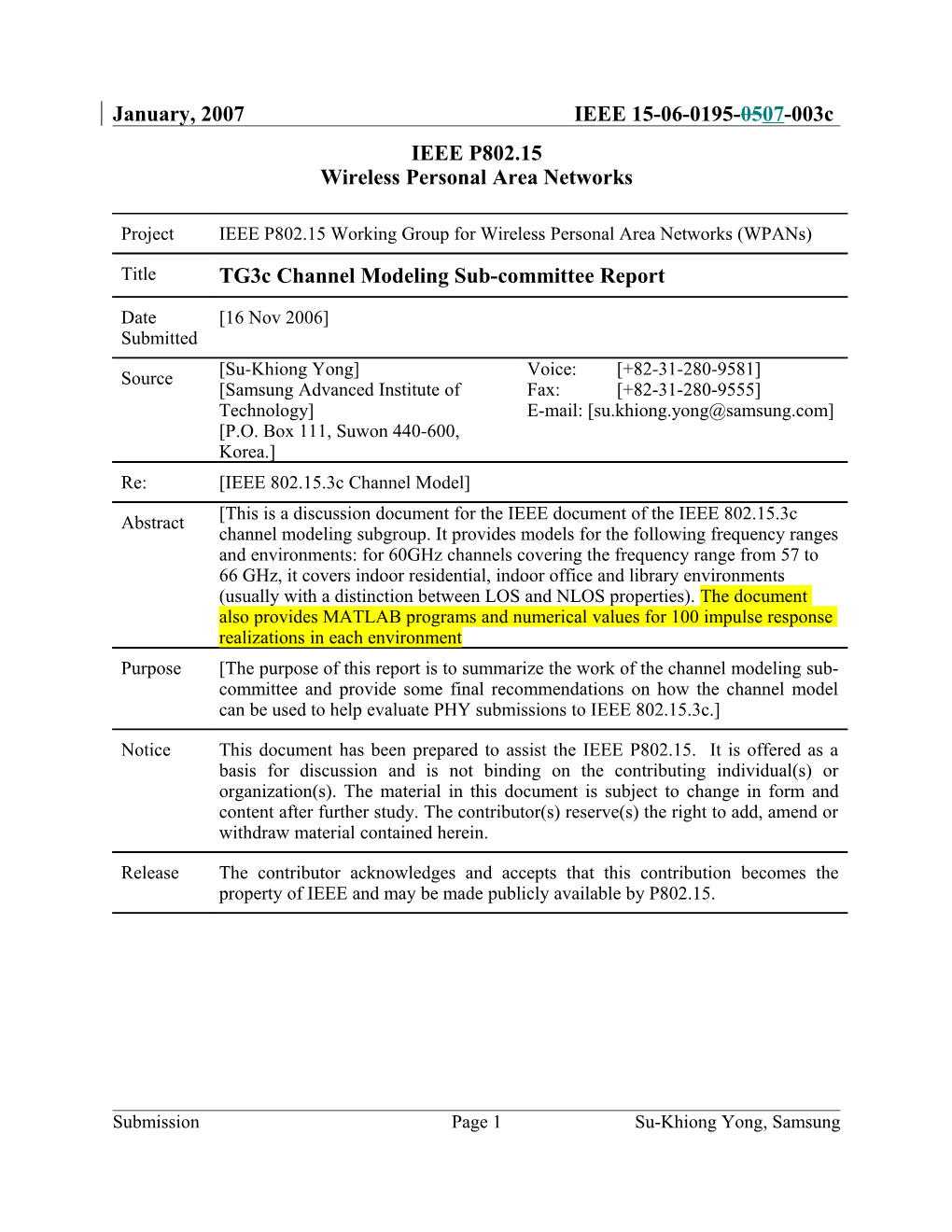 Tg3c Channel Modeling Sub-Committee Report