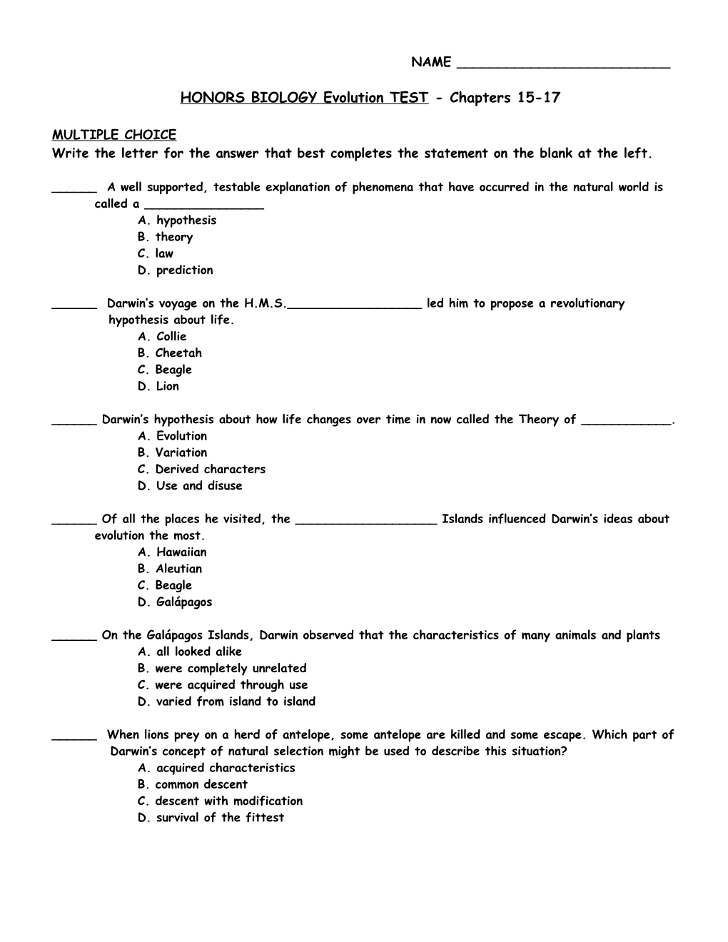 HONORS BIOLOGY Evolution TEST - Chapters 15-17