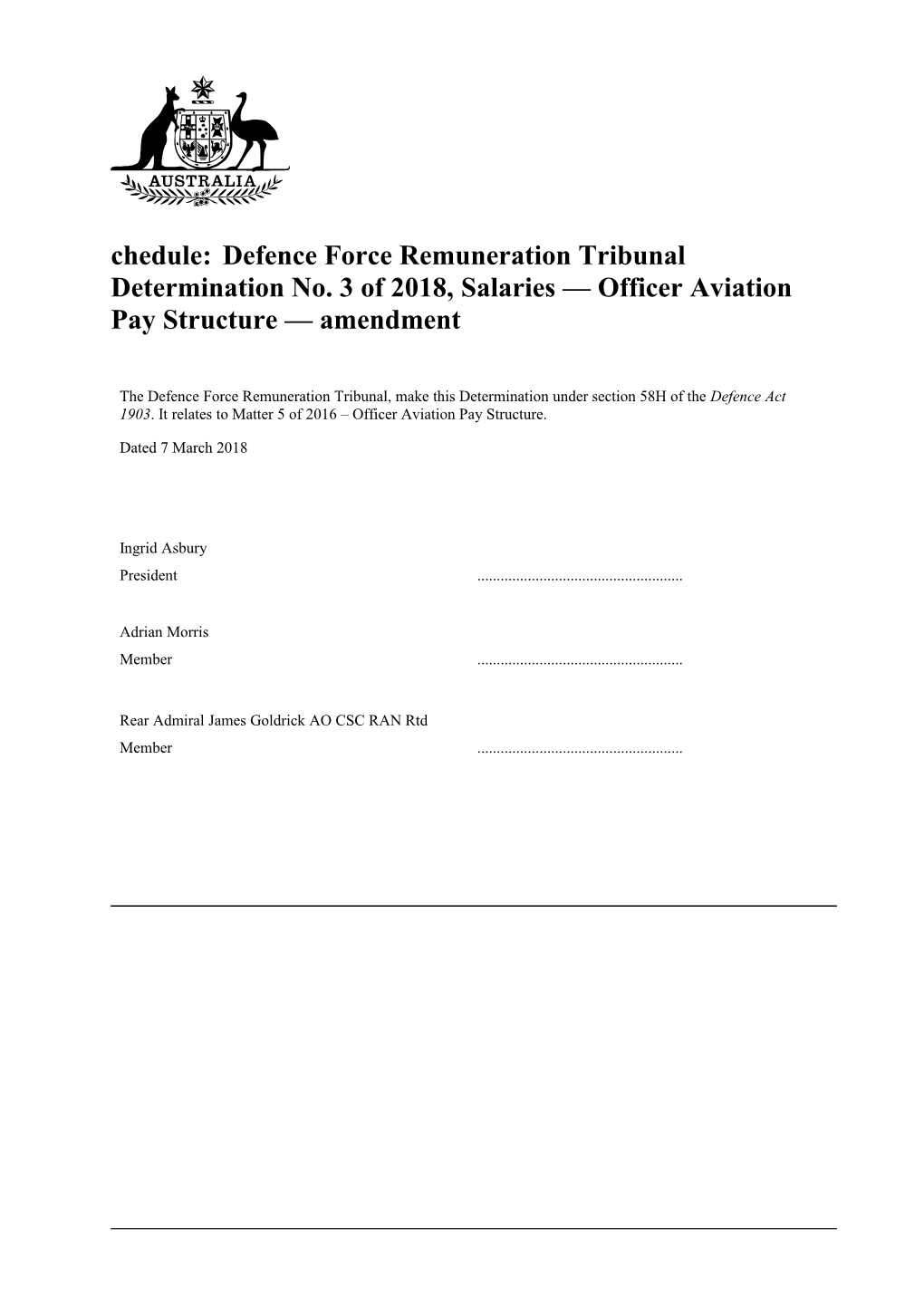 Defence Force Remuneration Tribunal Determination No. 3 of 2018, Salaries Officer Aviation