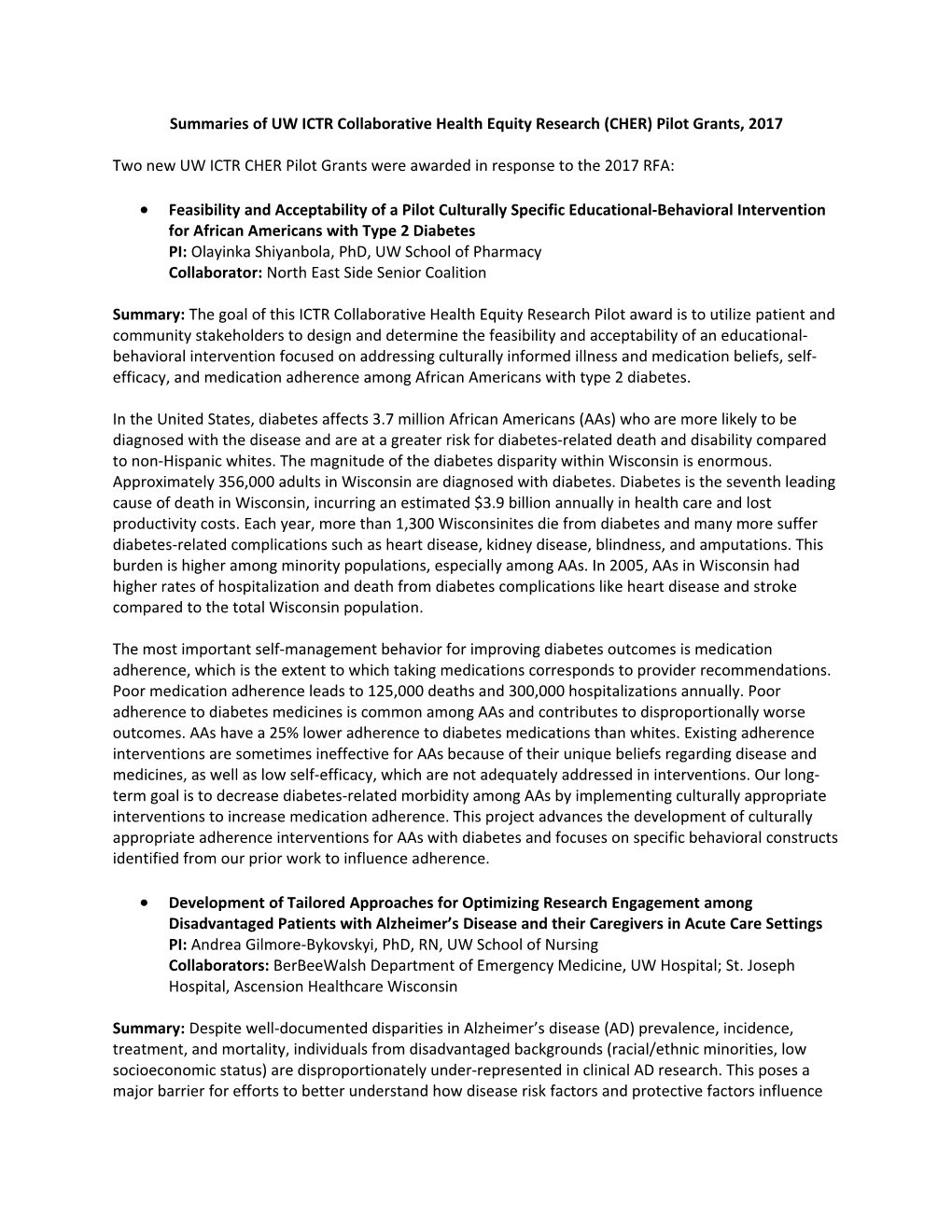 Summaries of UW ICTR Collaborative Health Equity Research (CHER) Pilot Grants, 2017