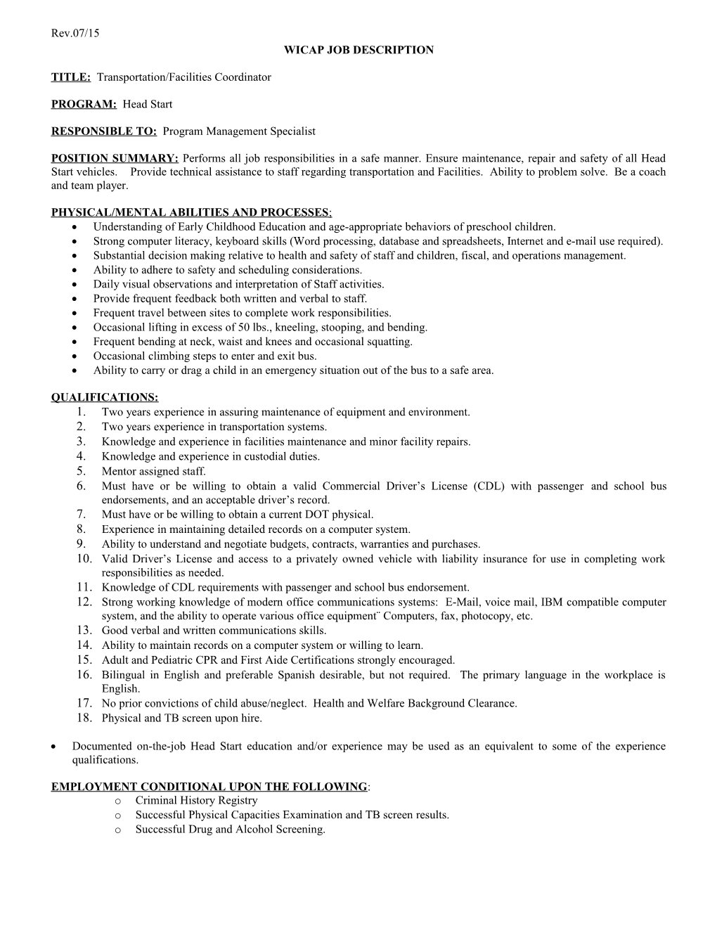 Wicap Head Start Job Description s1