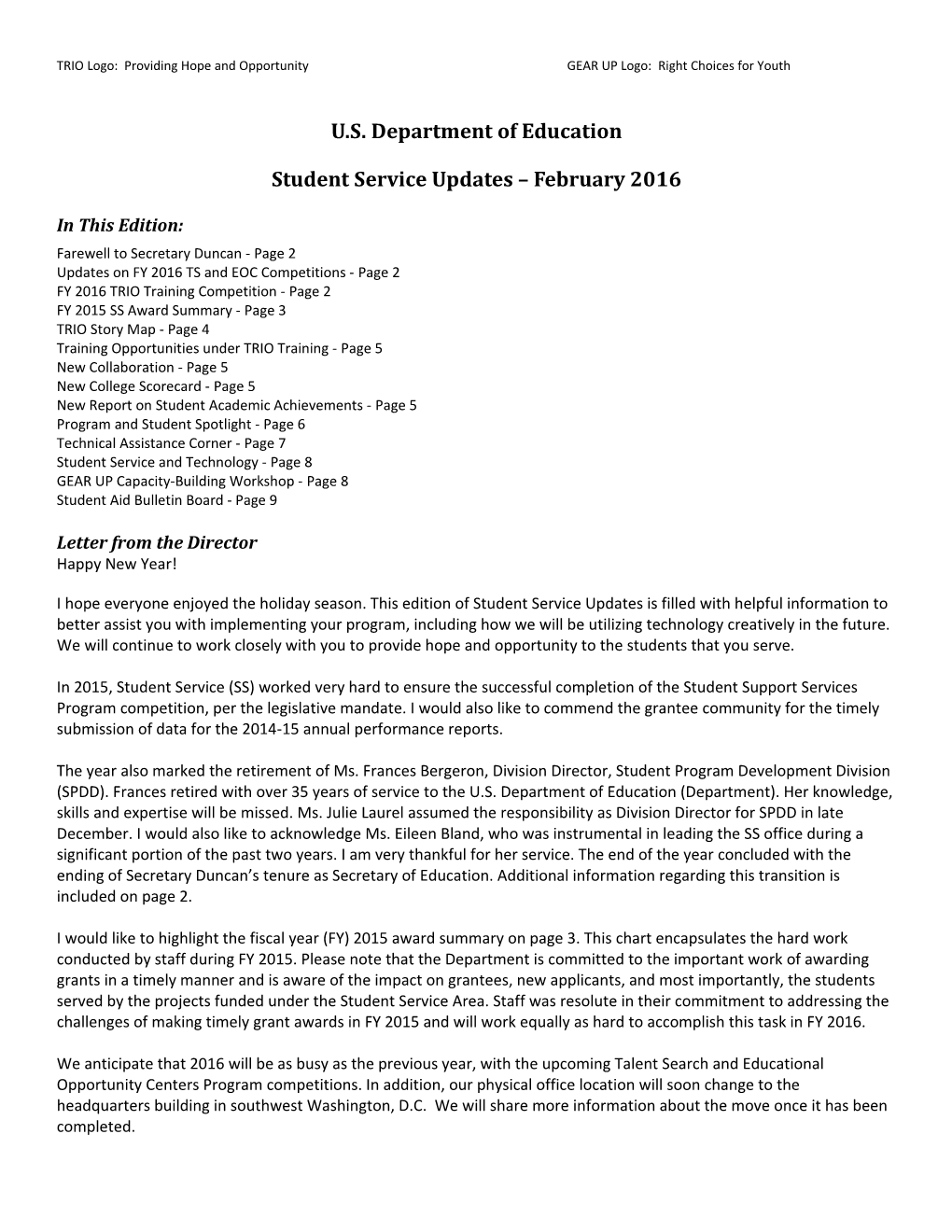 Student Service Updates February 2016 Newsletter (MS Word)