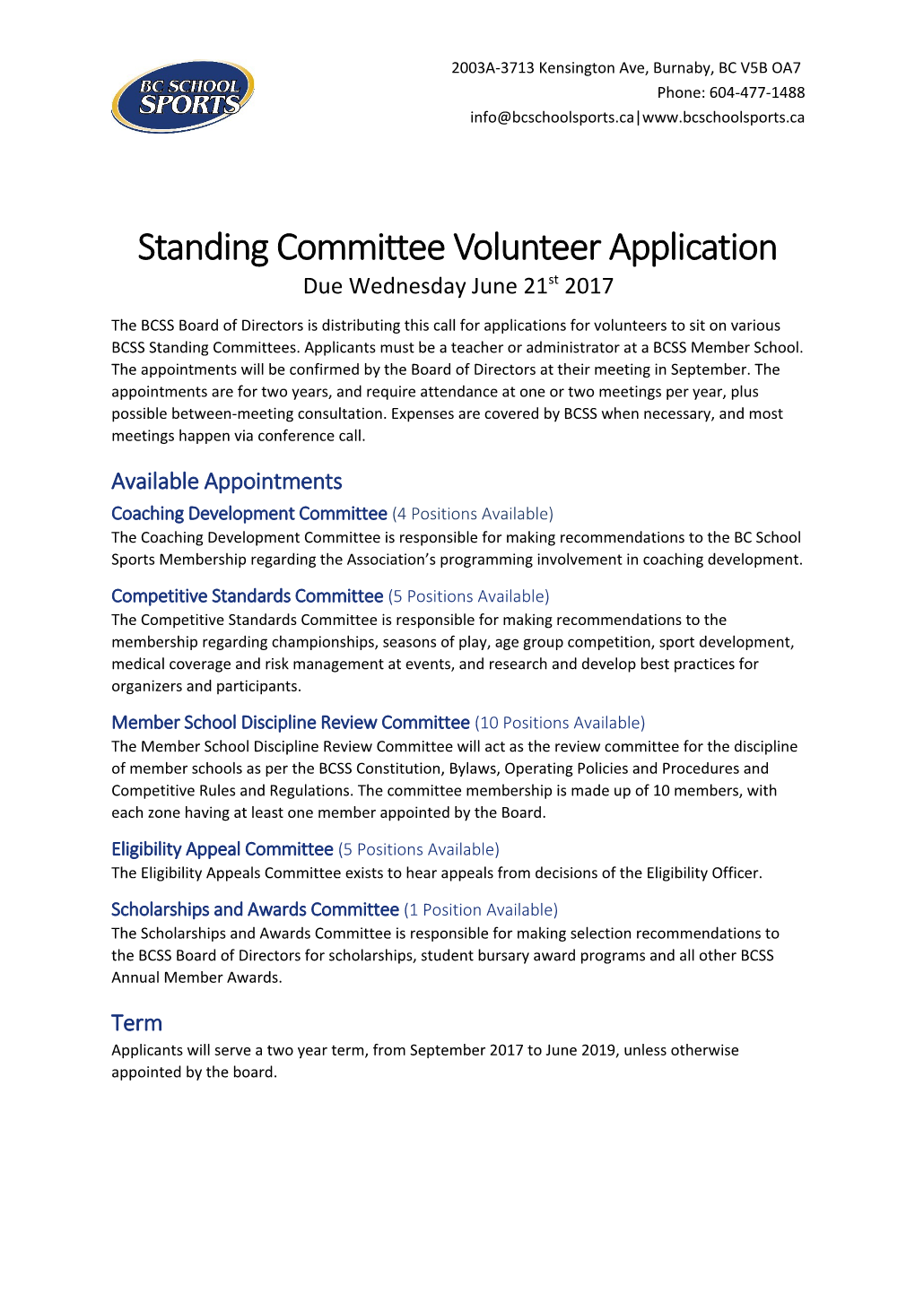 Standing Committee Volunteer Application