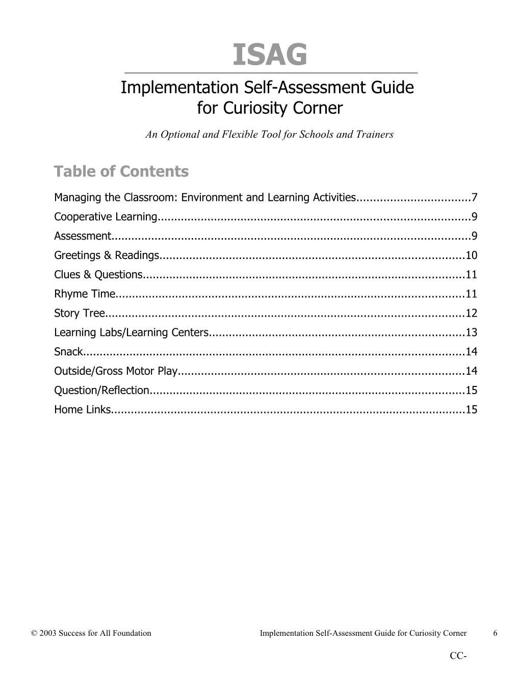 Implementation-Self Assessment Checklist/ Kindercorner