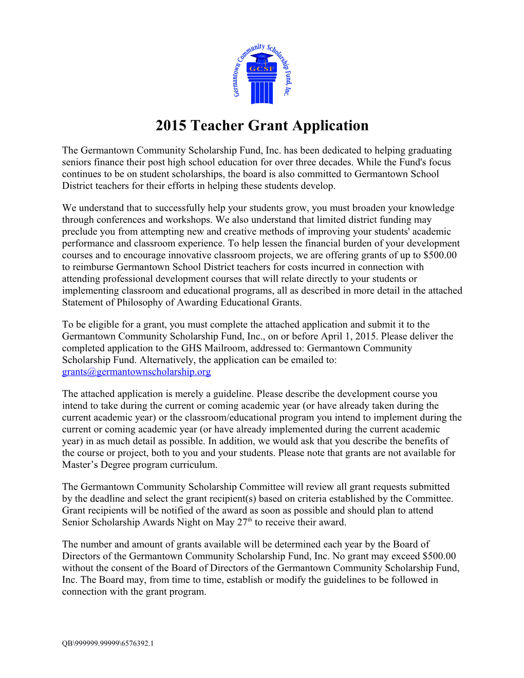 2015 Teacher Grant Application