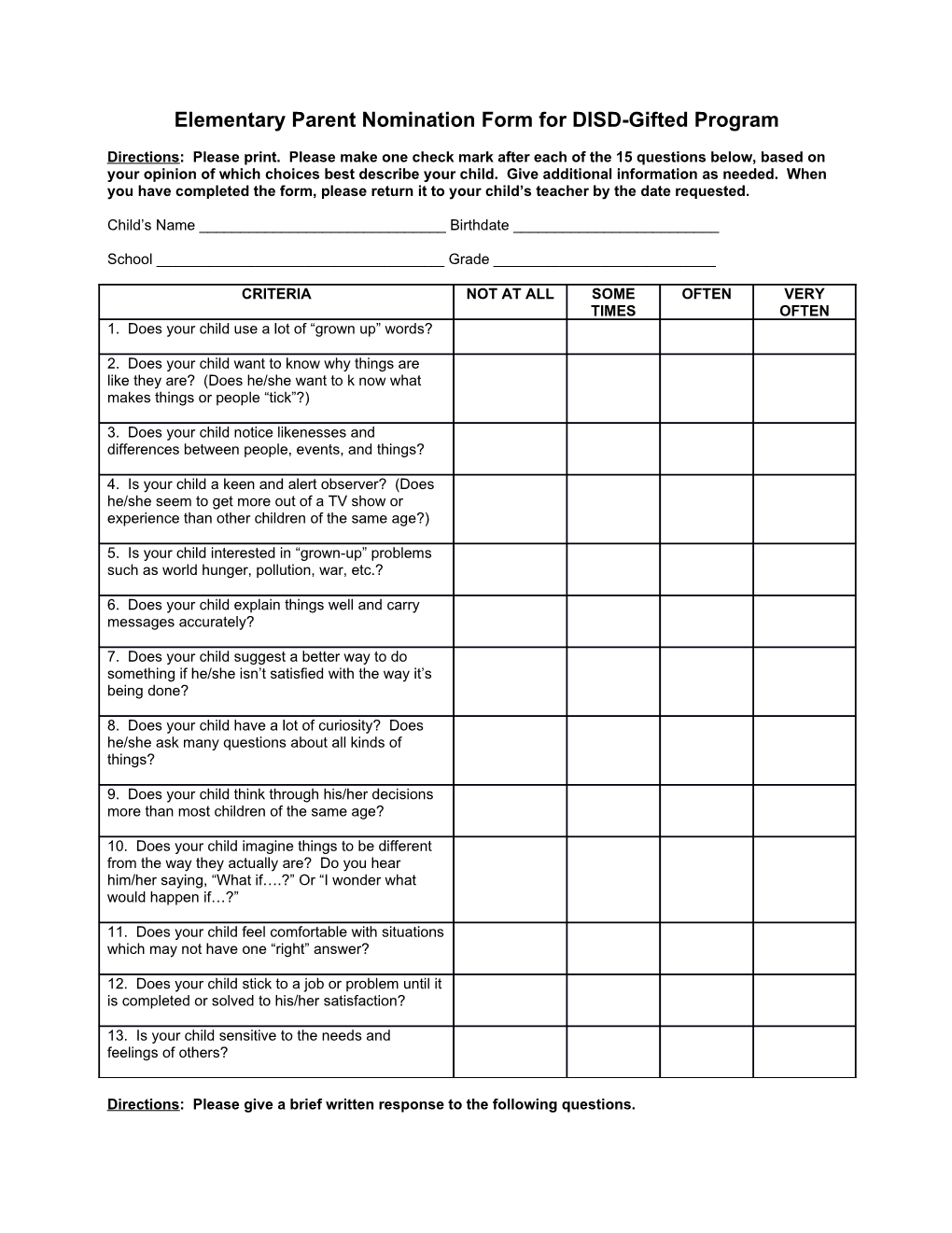 Elementary Parent Nomination Form for DISD-Gifted Program