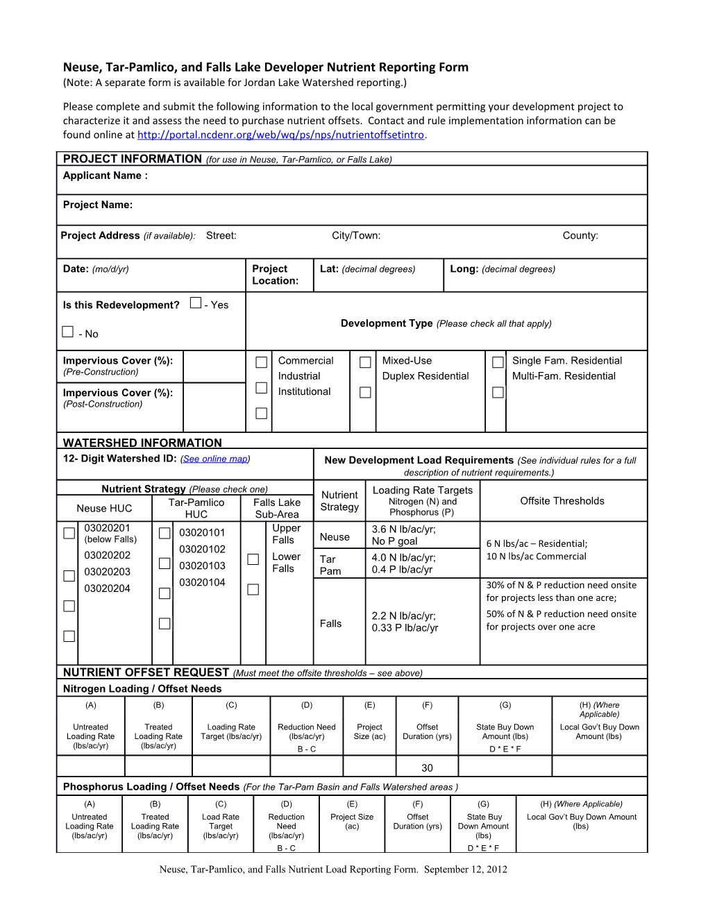 Neuse, Tar-Pamlico, and Falls Lake Developernutrient Reporting Form