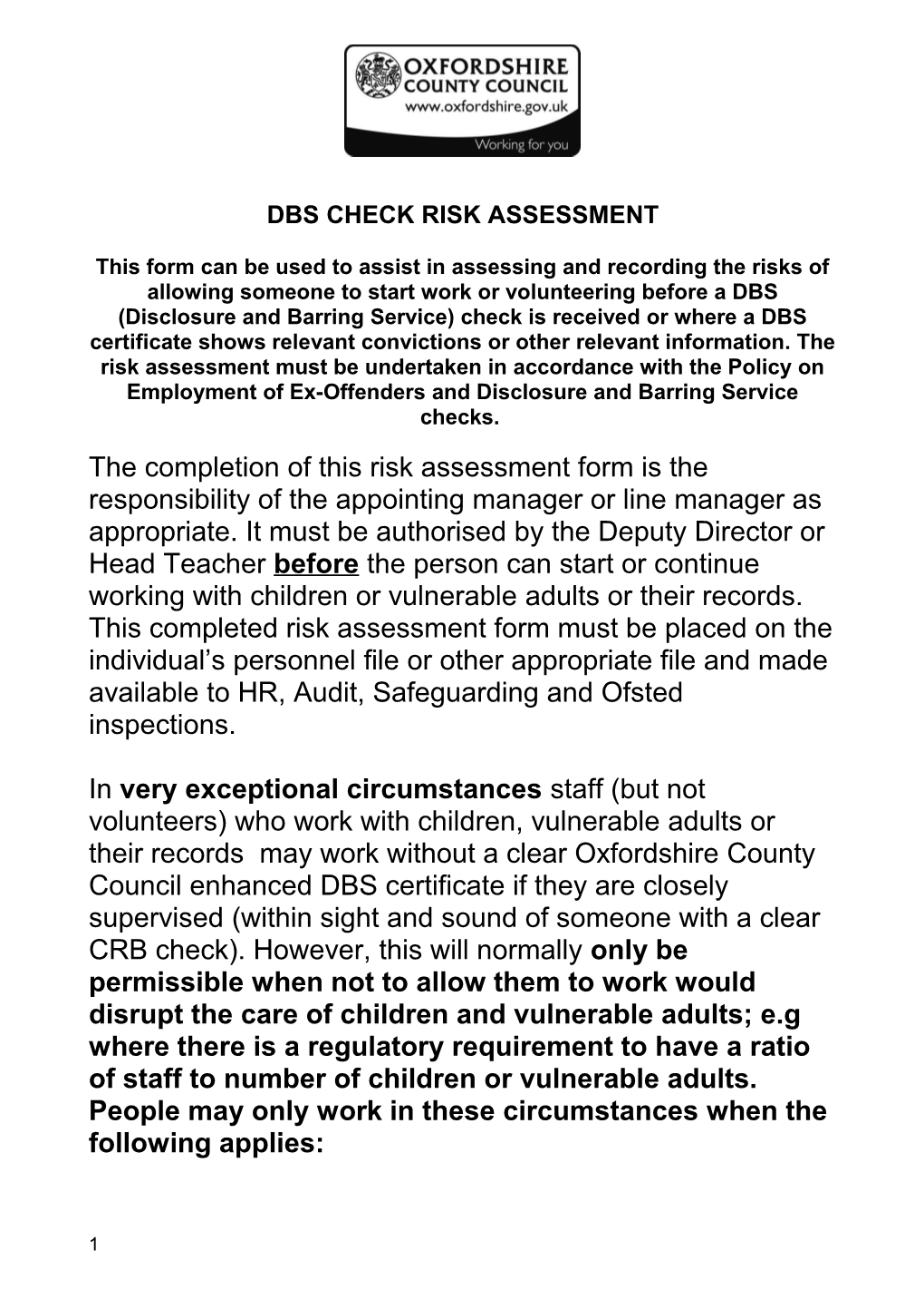 Dbs Check Risk Assessment