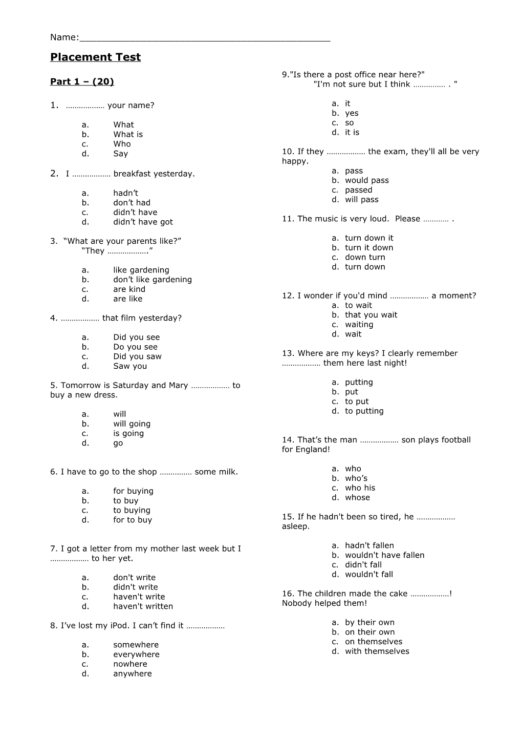 Bloom S Taxonomy Placement Test