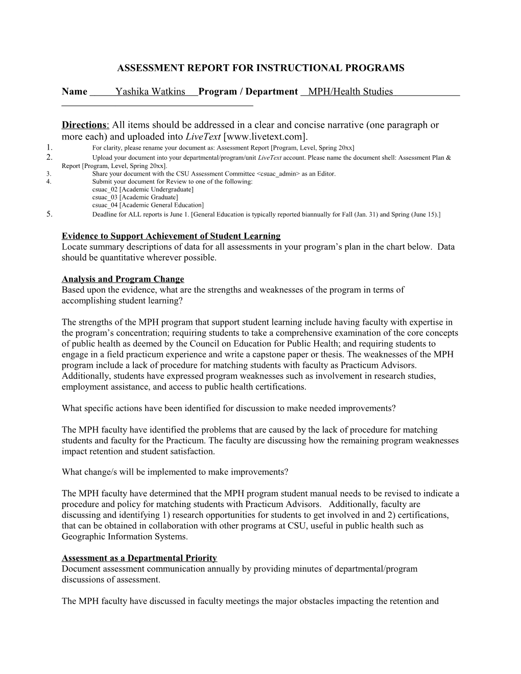 Form 201BC: Assessment Report Form for Instructional Programs