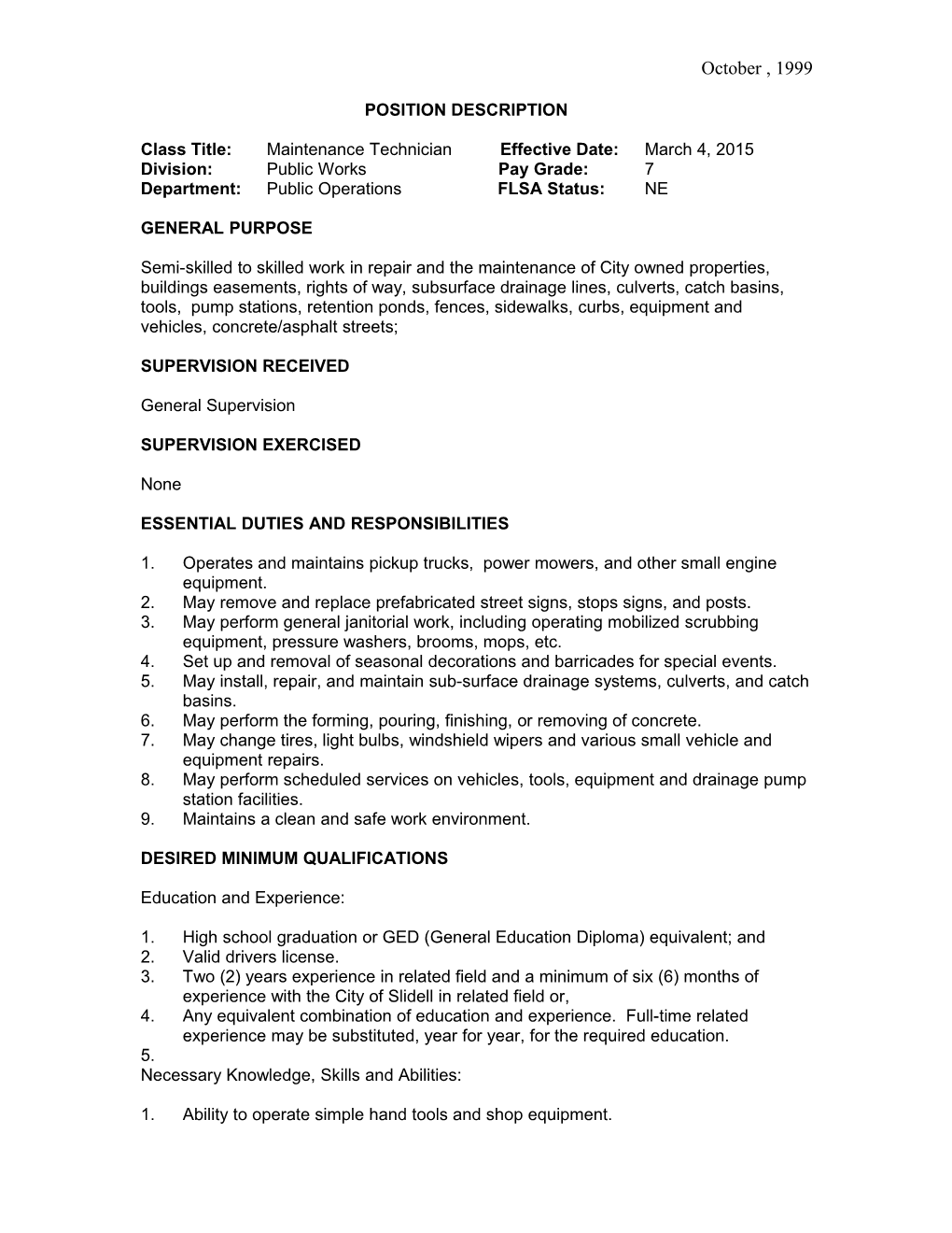 Position Description Maintenance Technician