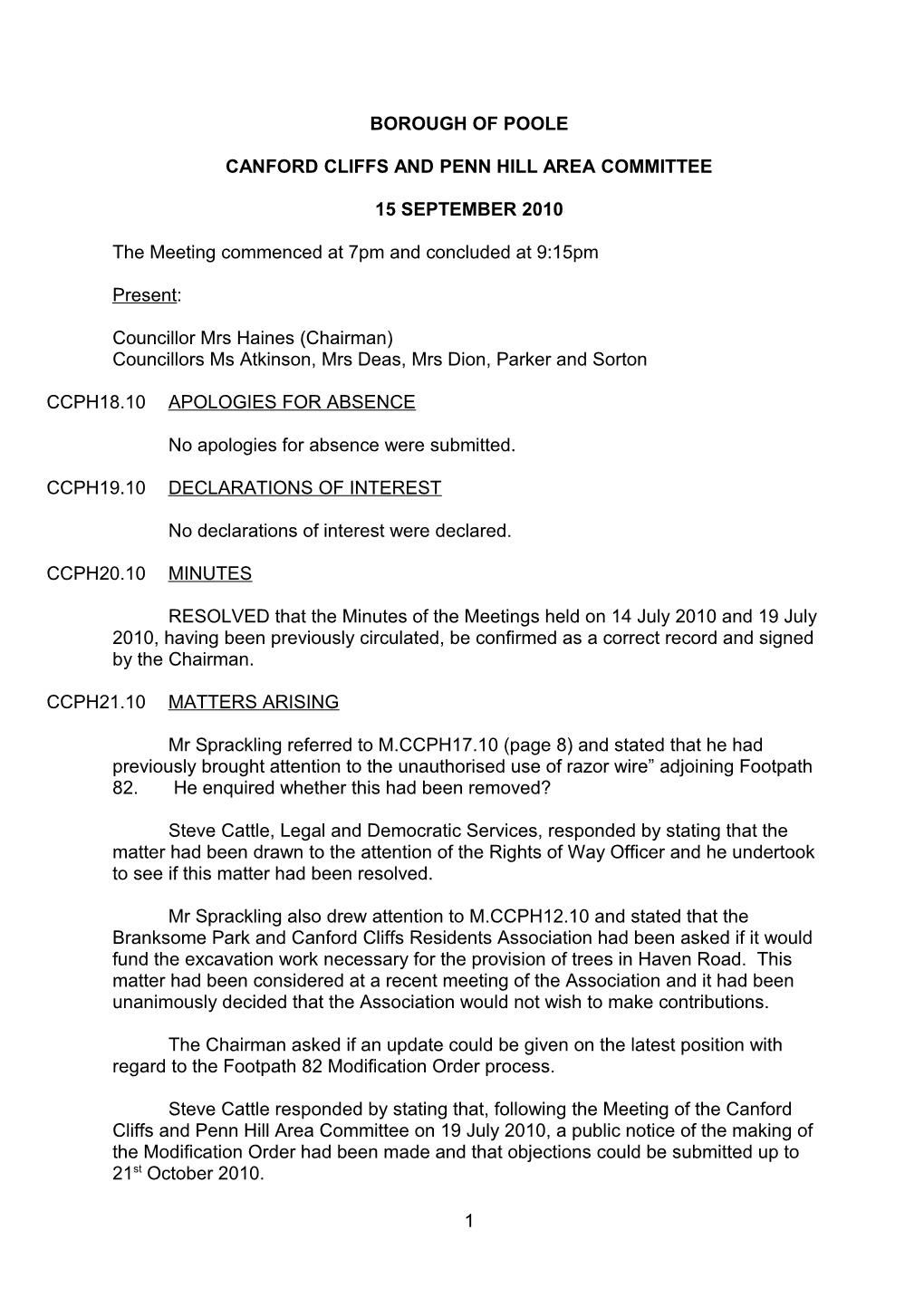 Minutes - Canford Cliffs and Penn Hill Area Committee - 15 September 2010