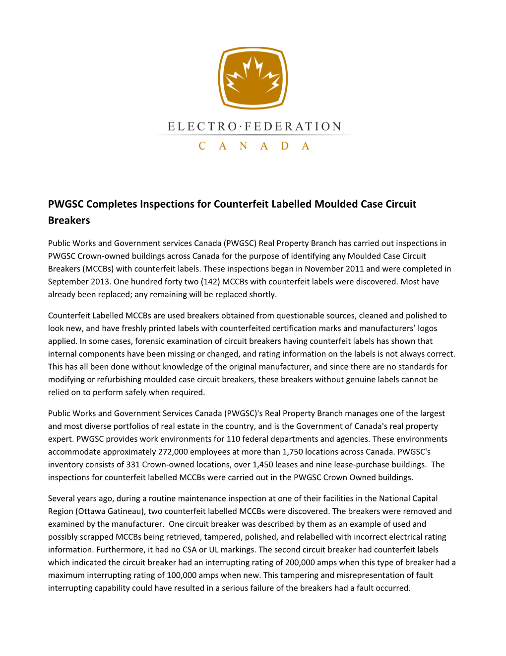PWGSC Completes Inspections for Counterfeit Labelled Moulded Case Circuit Breakers