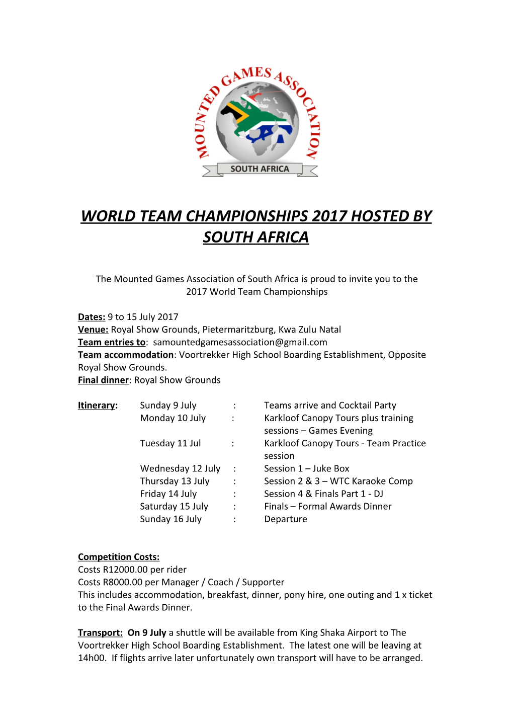 World Team Championships 2017 Hosted by South Africa