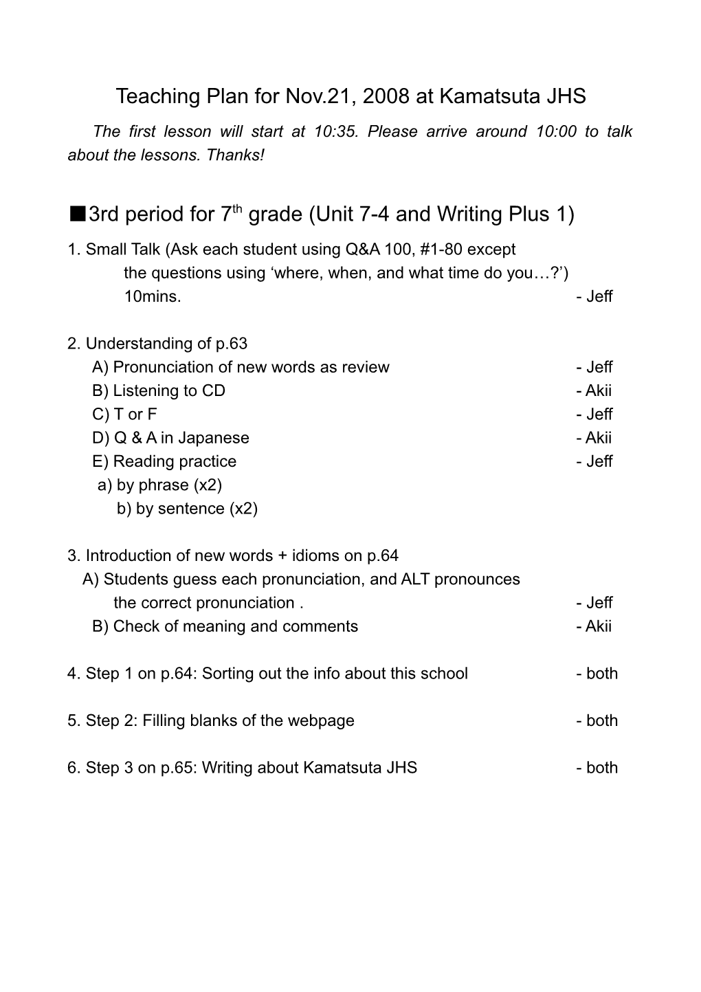 Teaching Plan for April 10, 2008